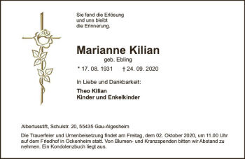 Traueranzeige von Marianne Kilian von vrm-trauer