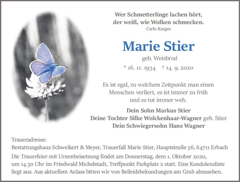  Traueranzeige für Marie Stier vom 26.09.2020 aus vrm-trauer