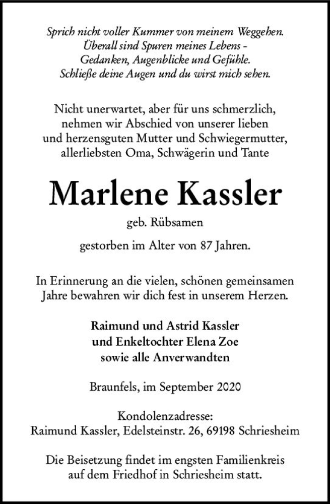  Traueranzeige für Marlene Kassier vom 23.09.2020 aus  Wetzlarer Neue Zeitung