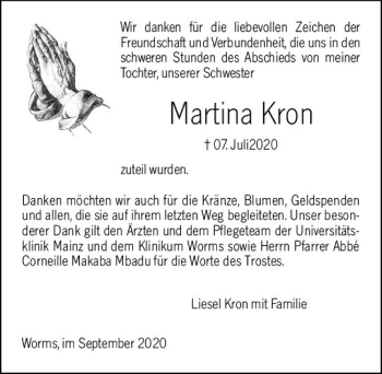 Traueranzeige von Martina Kron von vrm-trauer