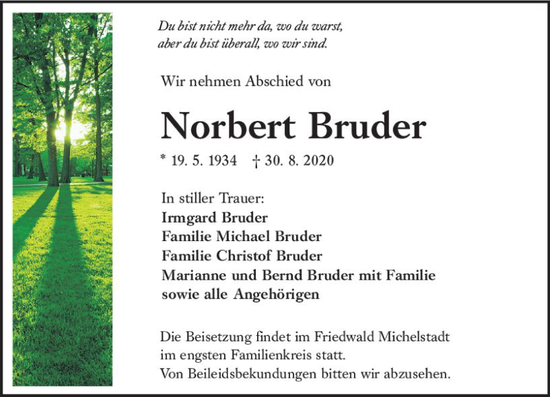  Traueranzeige für Norbert Bruder vom 02.09.2020 aus vrm-trauer