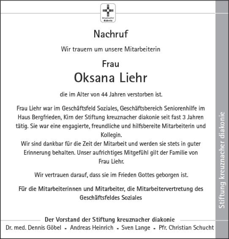  Traueranzeige für Oksana Liehr vom 29.09.2020 aus vrm-trauer