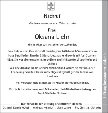 Traueranzeige von Oksana Liehr von vrm-trauer
