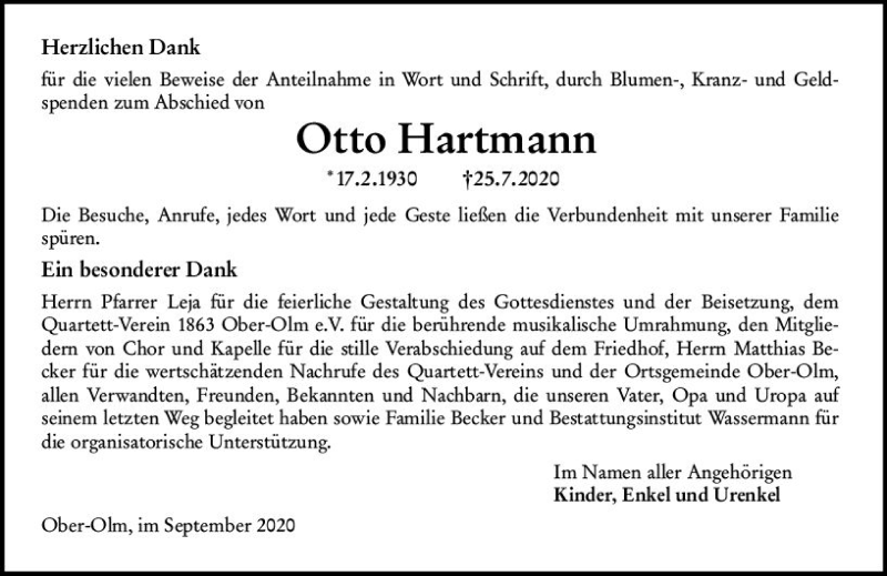  Traueranzeige für Otto Hartmann vom 12.09.2020 aus vrm-trauer
