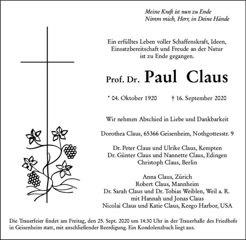  Traueranzeige für Paul Claus vom 22.09.2020 aus vrm-trauer