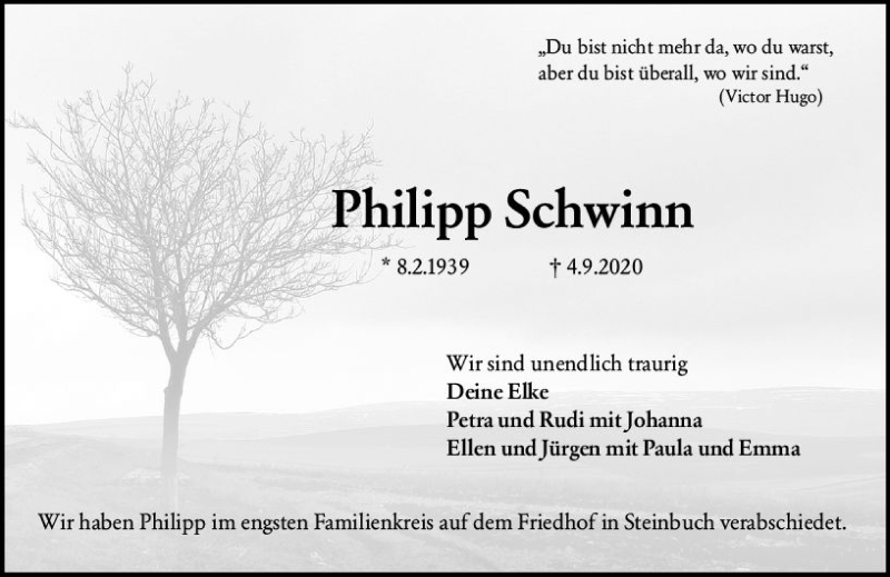  Traueranzeige für Philipp Schwinn vom 19.09.2020 aus vrm-trauer