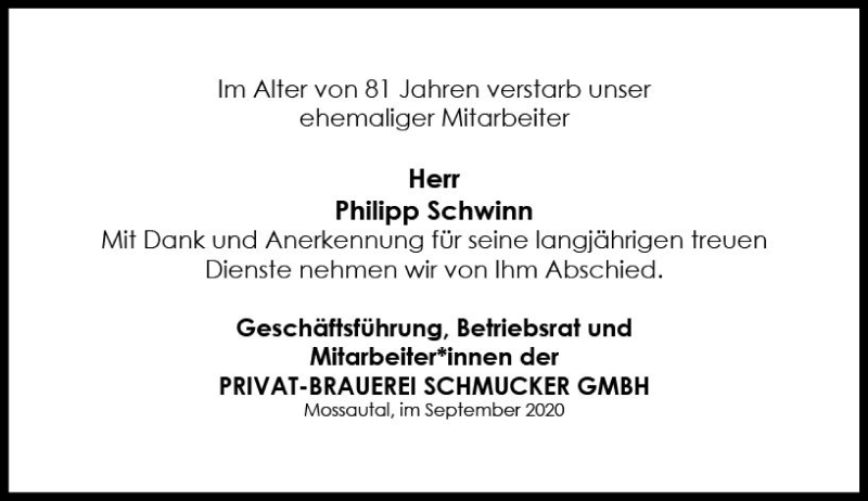  Traueranzeige für Philipp Schwinn vom 18.09.2020 aus vrm-trauer