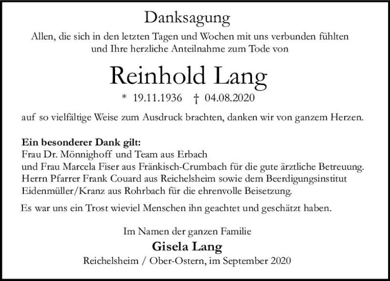  Traueranzeige für Reinhold Lang vom 19.09.2020 aus vrm-trauer