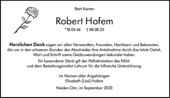 Traueranzeige von Robert Hofem von vrm-trauer