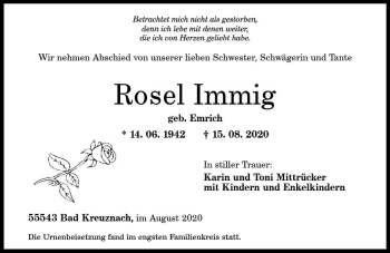 Traueranzeige von Rosel Immig von vrm-trauer