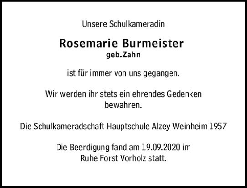  Traueranzeige für Rosemarie Burmeister vom 28.09.2020 aus vrm-trauer