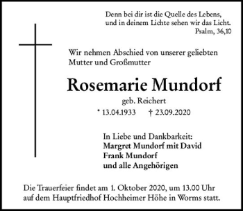 Traueranzeige von Rosemarie Mundorf von vrm-trauer