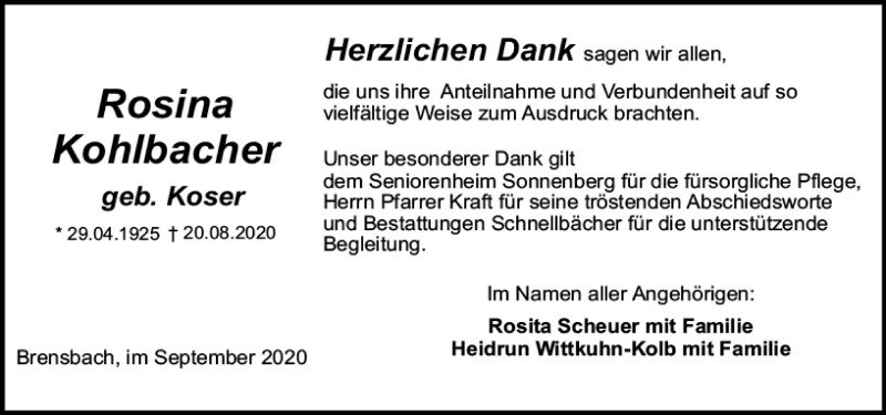  Traueranzeige für Rosina Kohlbacher vom 26.09.2020 aus vrm-trauer