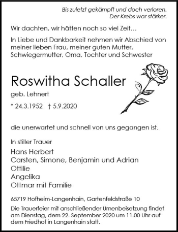 Traueranzeige von Roswitha Schaller von vrm-trauer