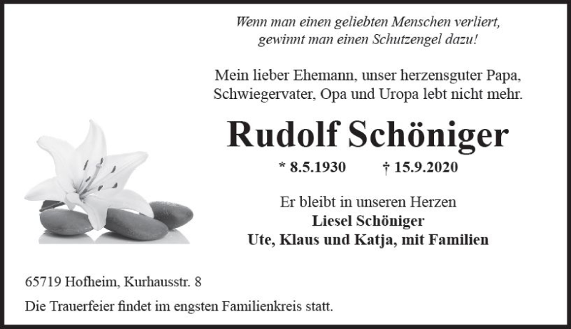  Traueranzeige für Rudolf Schöniger vom 25.09.2020 aus vrm-trauer
