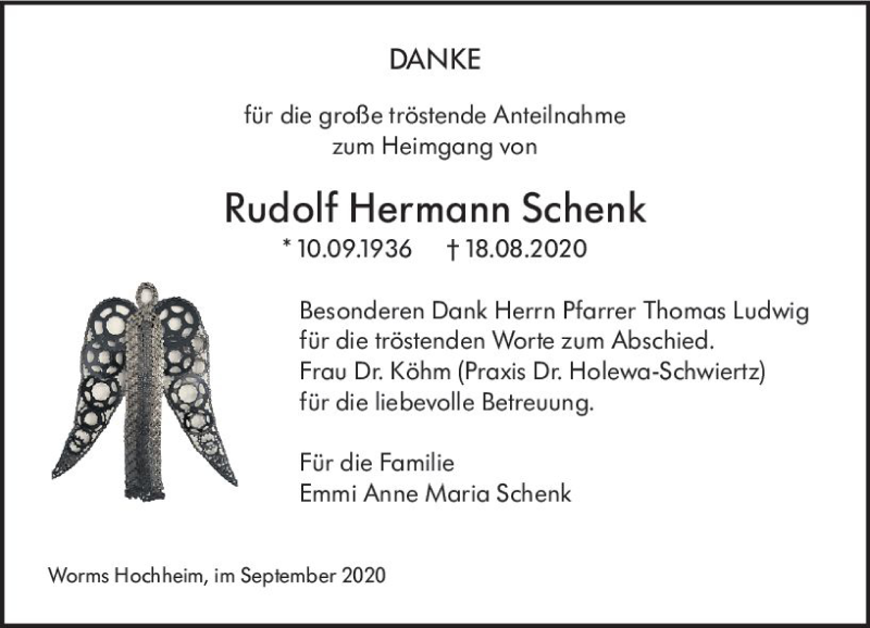  Traueranzeige für Rudolf Hermann Schenk vom 26.09.2020 aus vrm-trauer