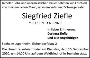Traueranzeige von Siegfried Ziefle von vrm-trauer