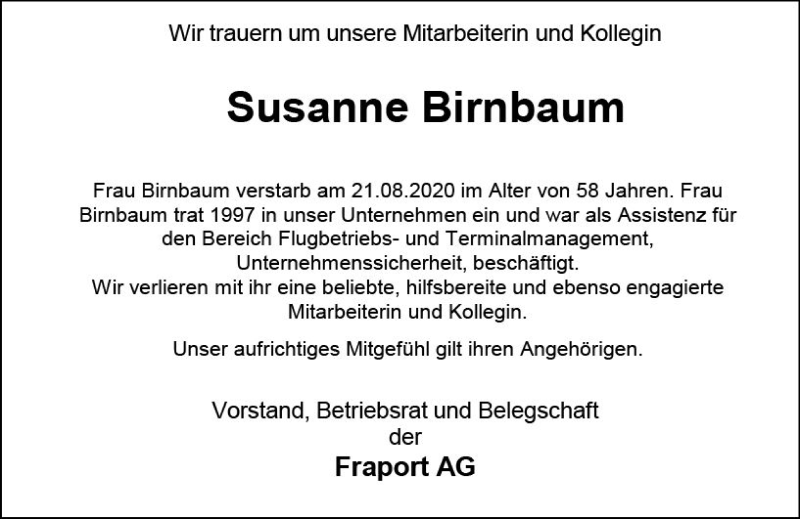  Traueranzeige für Susanne Birnbaum vom 05.09.2020 aus vrm-trauer