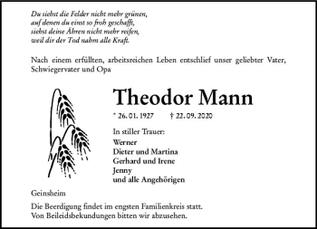Traueranzeige von Theodor Mann von vrm-trauer