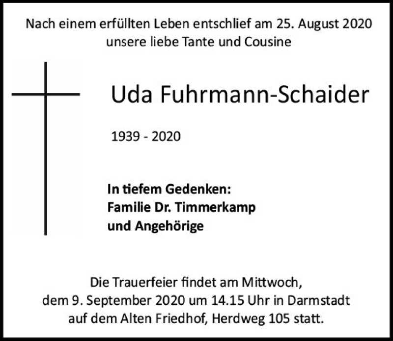  Traueranzeige für Uda Fuhrmann-Schaider vom 05.09.2020 aus vrm-trauer