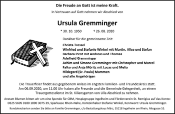 Traueranzeige von Ursula Gremminger von vrm-trauer