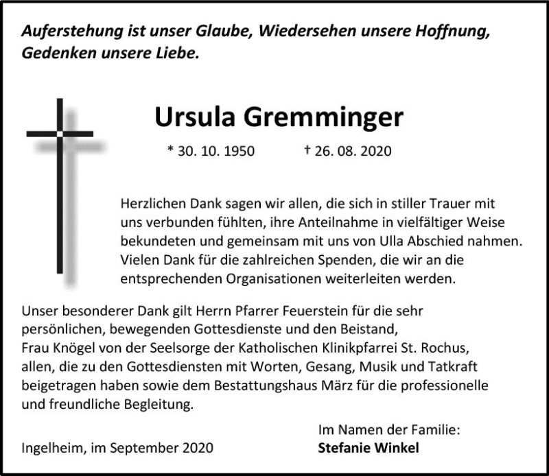  Traueranzeige für Ursula Gremminger vom 30.09.2020 aus vrm-trauer
