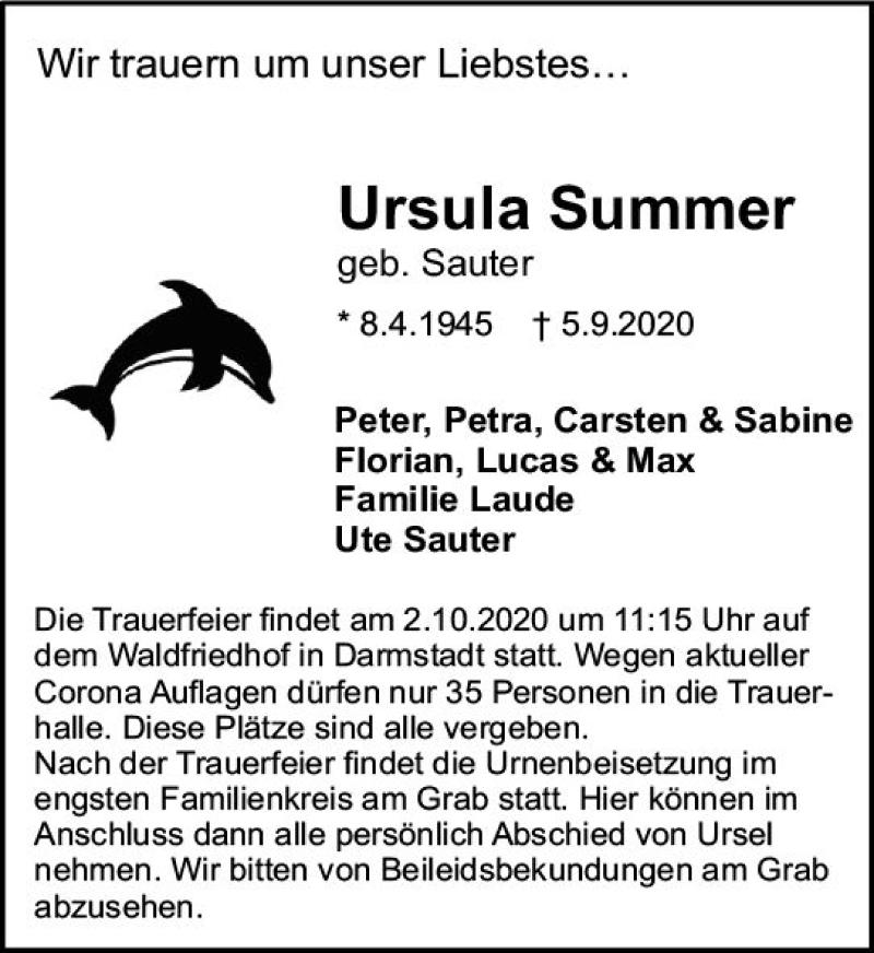  Traueranzeige für Ursula Summer vom 26.09.2020 aus vrm-trauer