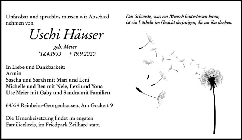  Traueranzeige für Uschi Häuser vom 26.09.2020 aus vrm-trauer