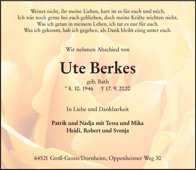  Traueranzeige für Ute Berkes vom 23.09.2020 aus vrm-trauer