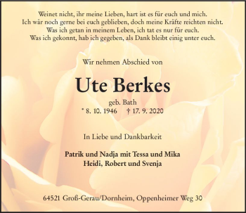 Traueranzeige von Ute Berkes von vrm-trauer