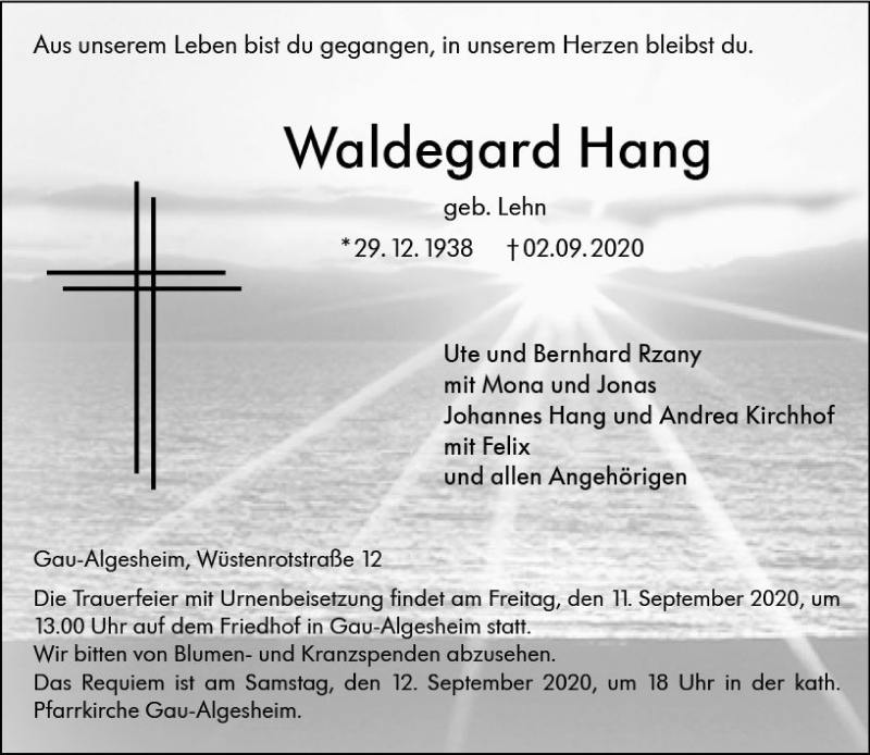  Traueranzeige für Waldegard Hang vom 05.09.2020 aus vrm-trauer