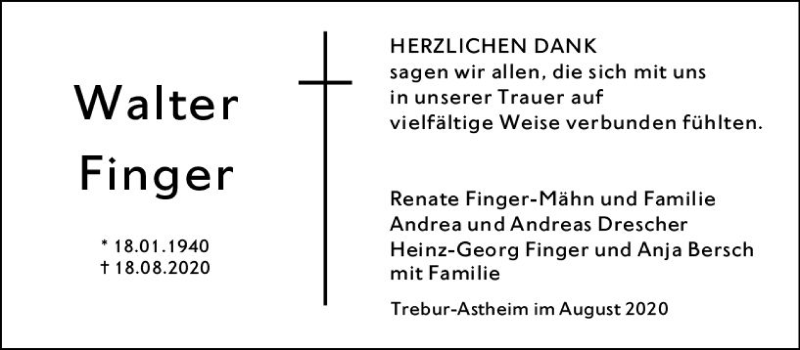  Traueranzeige für Walter Finger vom 19.09.2020 aus vrm-trauer