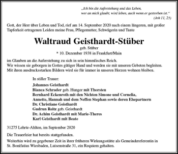 Traueranzeige von Waltraud Geisthardt-Stüber von vrm-trauer