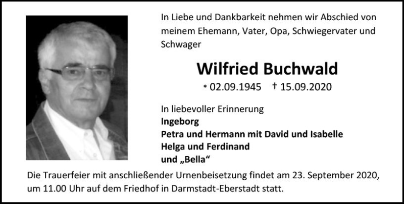  Traueranzeige für Wilfried Buchwald vom 19.09.2020 aus vrm-trauer