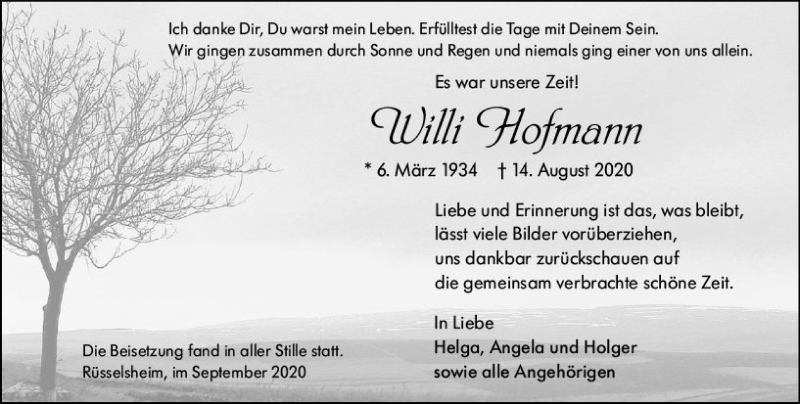  Traueranzeige für Willi Hofmann vom 05.09.2020 aus vrm-trauer