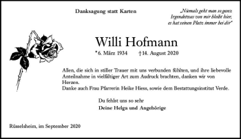 Traueranzeige von Willi Hofmann von vrm-trauer