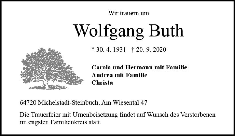  Traueranzeige für Wolfgang Buth vom 26.09.2020 aus vrm-trauer