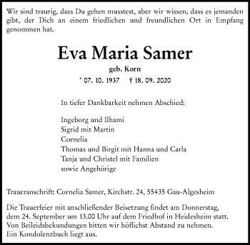 Traueranzeige von Eva Maria Samer von VRM Tageszeitungen