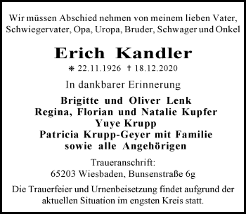 Traueranzeige von Erich Kandler von VRM Tageszeitungen
