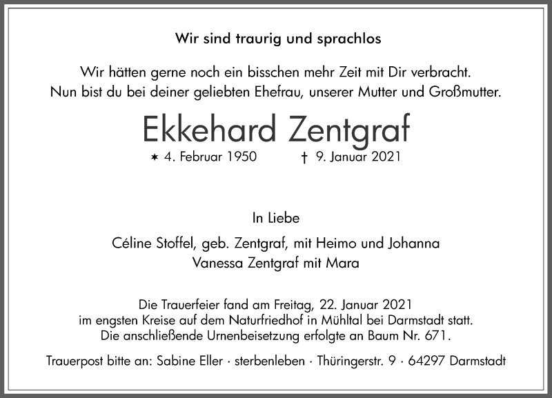  Traueranzeige für Ekkehard Zentgraf vom 28.01.2021 aus 