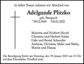 Traueranzeige von Adelgunde Plitzko von vrm-trauer