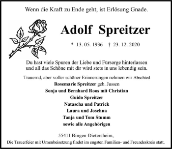 Traueranzeige von Adolf Spreitzer von vrm-trauer