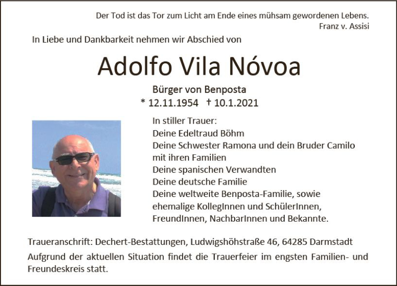  Traueranzeige für Adolfo Vila Nóvoa vom 23.01.2021 aus vrm-trauer