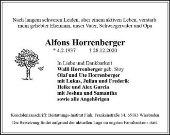 Traueranzeige von Alfons Horrenberger von vrm-trauer