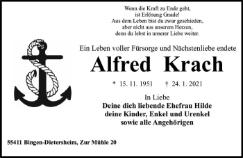 Traueranzeige von Alfred Krach von vrm-trauer