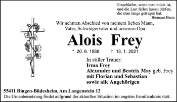 Traueranzeige von Alois Frey von vrm-trauer