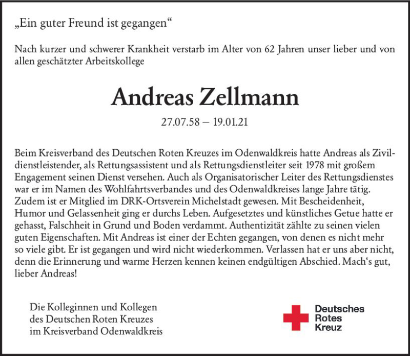  Traueranzeige für Andreas Zellmann vom 23.01.2021 aus vrm-trauer