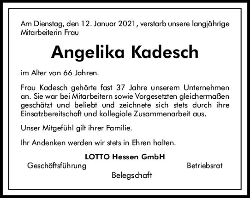  Traueranzeige für Angelika Kadesch vom 23.01.2021 aus vrm-trauer