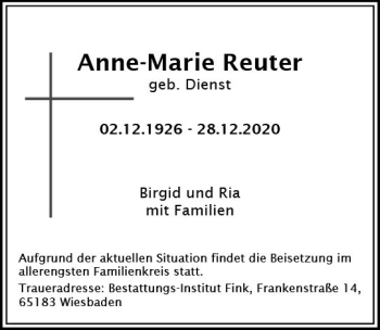 Traueranzeige von Anne-Marie Reuter von vrm-trauer