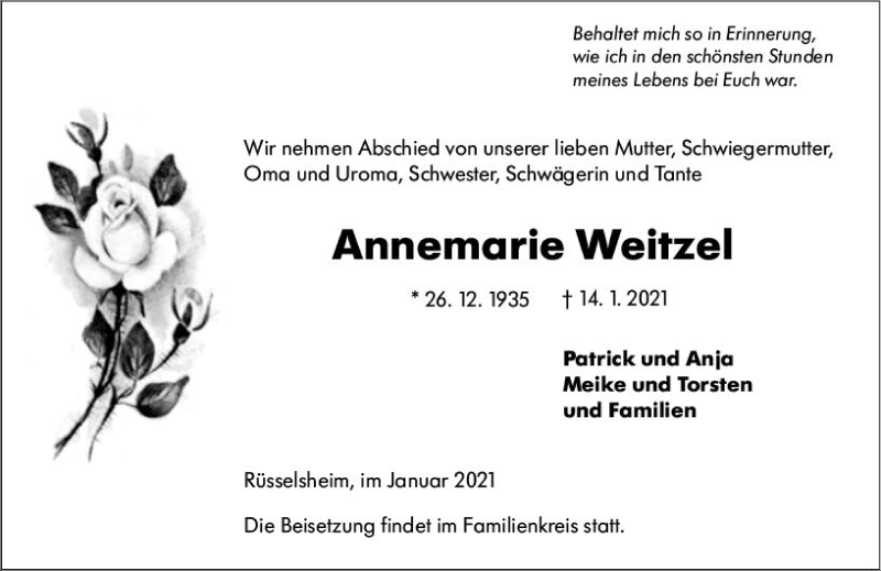  Traueranzeige für Annemarie Weitzel vom 23.01.2021 aus vrm-trauer
